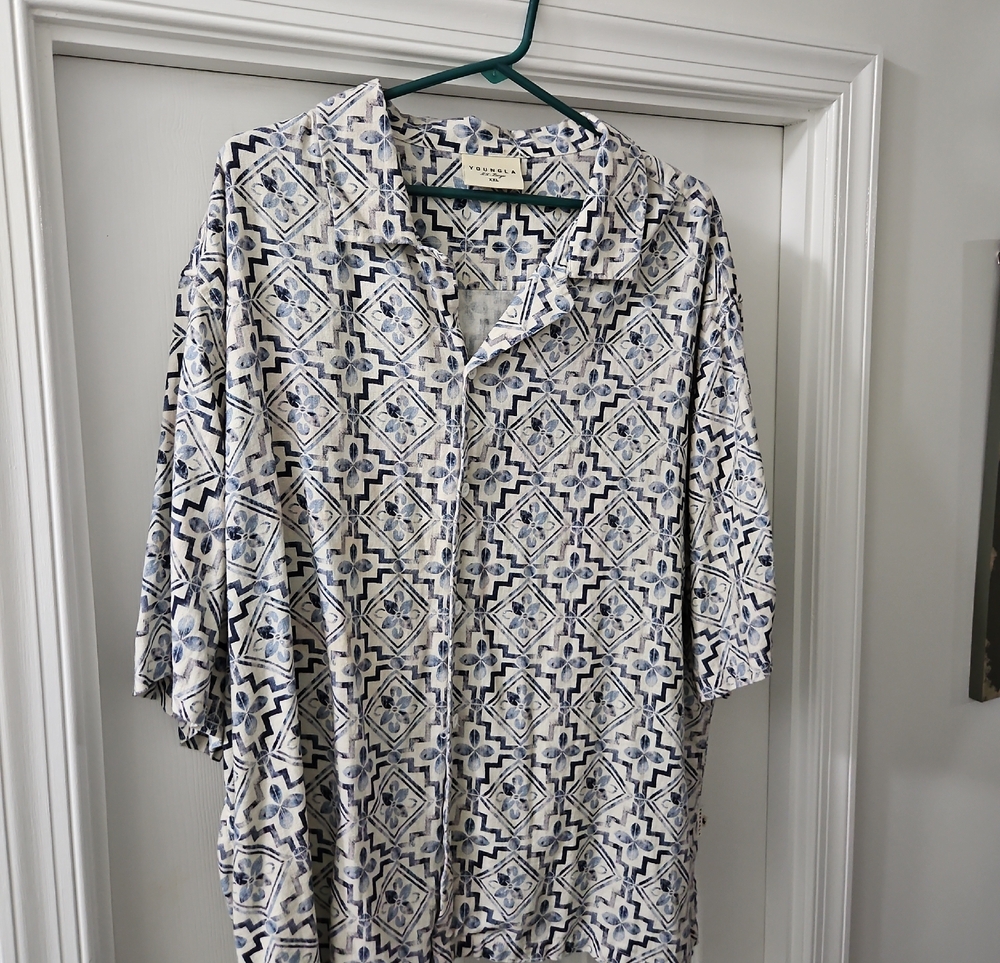 YoungLA White and Blue Geometric Casual Button-Down Shirt